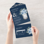 Navy Wood Mason Jar Dusty Blue Floral Wedding All In One Uitnodiging (Afscheurbaar)