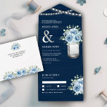Navy Wood Mason Jar Dusty Blue Floral Wedding All In One Uitnodiging<br><div class="desc">Verwarm je gasten met deze elegante trouwuitnodiging met mooie bloemen en moderne typografie met afneembaar RSVP-briefkaart. Voeg eenvoudig uw gebeurtenisdetails op deze makkelijk te gebruiken sjabloon toe om het één-van-een-soort uitnodiging te maken.</div>