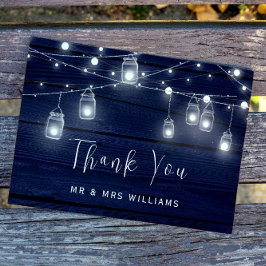 Navy Wood Mason Jars Lights Bruiloft Dank u kaart