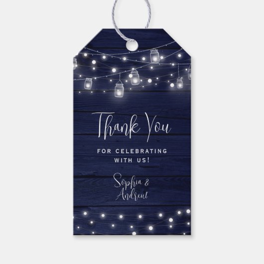 Navy Wood Mason Jars Lights Bruiloft Gift Label Cadeaulabel (Voorkant)