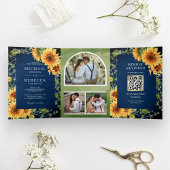 Navy Wood Sunflower Foto Arch QR Code Weddenschap Drieluik Uitnodiging