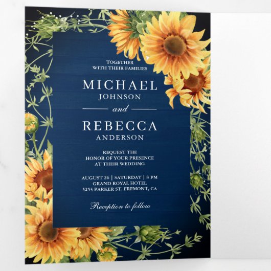 Navy Wood Sunflower Foto Arch QR Code Weddenschap Drieluik Uitnodiging (Binnenzijde eerst)