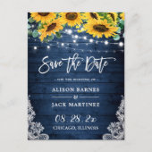 Navy Wood Sunflower String Lights Save the Date Briefkaart (Voorkant)