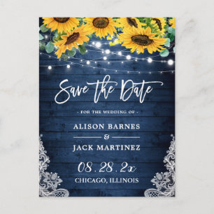 Navy Wood Sunflower String Lights Save the Date Briefkaart