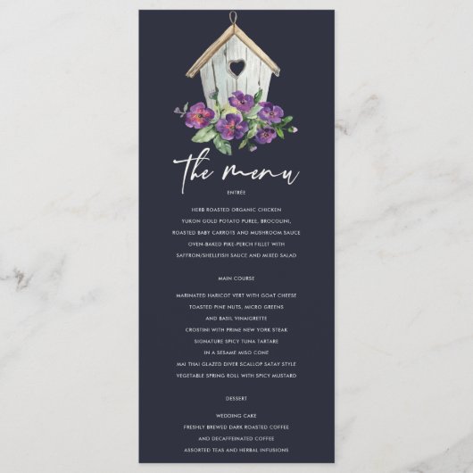 NAVY WOODEN RUSTIC FLORAL BIRDHOUSE WEDING MENU (Voorkant)