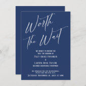 Navy Worth the Wait Uitgestelde bruiloft Kaart (Voorkant / Achterkant)