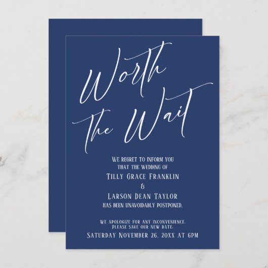 Navy Worth the Wait Uitgestelde bruiloft Kaart (Voorkant / Achterkant)