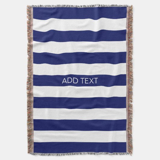 Navy Wt Horizontal Preppy Stripe #2 Naam Monogram Deken (Voorkant Verticaal)