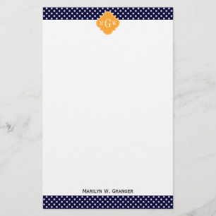 Navy Wt Polka Dot Cantaloupe Quatrefoil 3 Monogram Briefpapier