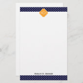 Navy Wt Polka Dot Cantaloupe Quatrefoil 3 Monogram Briefpapier (Voorkant / Achterkant)