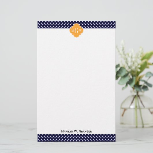 Navy Wt Polka Dot Cantaloupe Quatrefoil 3 Monogram Briefpapier (Staand voorkant)