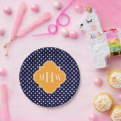 Navy Wt Polka Dot Cantaloupe Quatrefoil 3 Monogram Papieren Bordje (Feest)