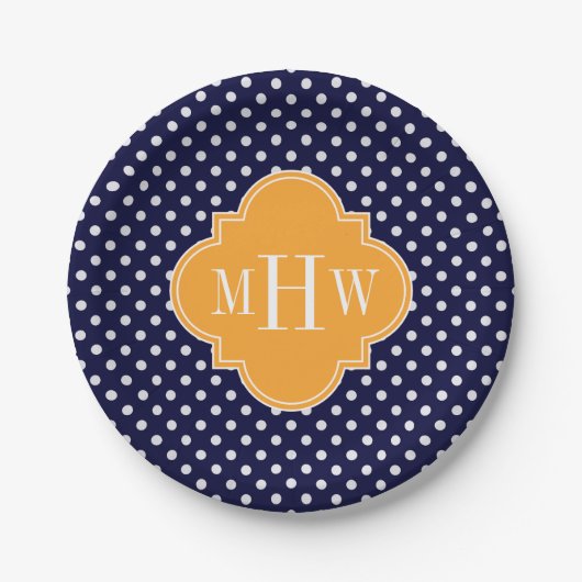 Navy Wt Polka Dot Cantaloupe Quatrefoil 3 Monogram Papieren Bordje (Voorkant)