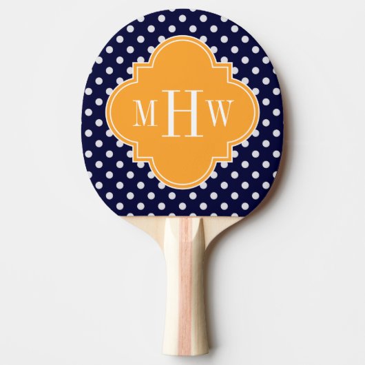 Navy Wt Polka Dot Cantaloupe Quatrefoil 3 Monogram Tafeltennisbatje (Voorkant)