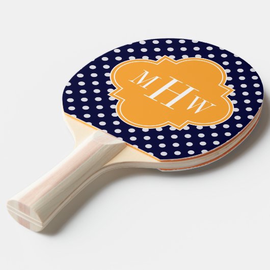 Navy Wt Polka Dot Cantaloupe Quatrefoil 3 Monogram Tafeltennisbatje (Voorkant Gekanteld)