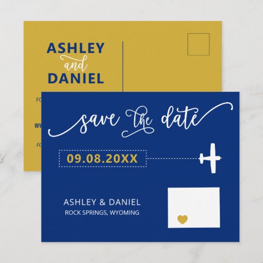 Navy Wyoming Wedding Save the Date Map Briefkaart (Voorkant / Achterkant)