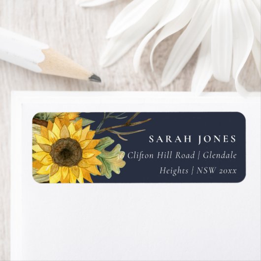 NAVY ya YELLOW SUNFLOWER WATERVERF FLORAL ADRES Etiket (Insitu)