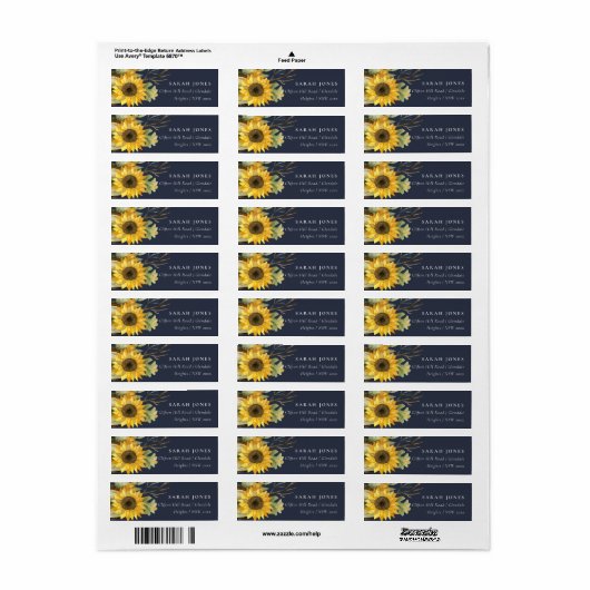 NAVY ya YELLOW SUNFLOWER WATERVERF FLORAL ADRES Etiket (Full Sheet)