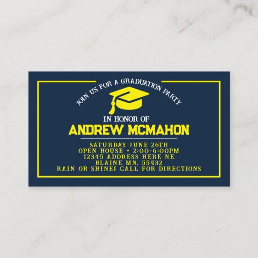 Navy & Yellow Afstuderen Mini Afstuderen Uitnodigi Visitekaartje (Voorkant)