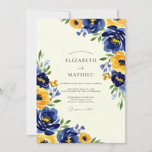 Navy Yellow Artistic Spring Wedding Kaart (Voorkant)