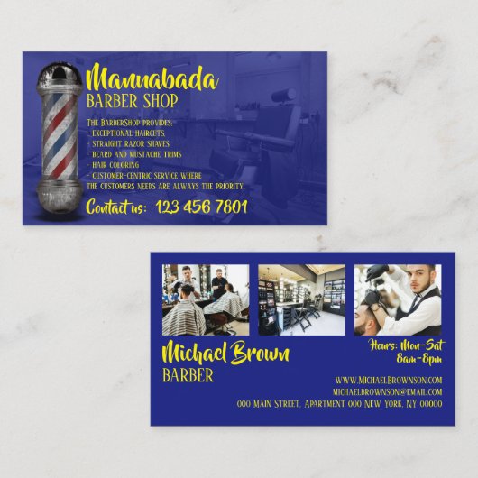 Navy Yellow Barber pole supply shop aangepaste fot Visitekaartje (Voorkant / Achterkant)