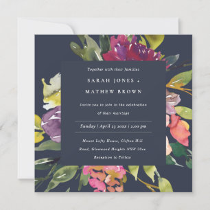 NAVY YELLOW BLUSH BURGUNDY FLORAL BUNCH WEDING KAART