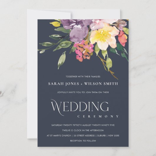 NAVY YELLOW BLUSH BURGUNDY FLORAL BUNCH WEDING KAART (Voorkant)