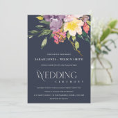 NAVY YELLOW BLUSH BURGUNDY FLORAL BUNCH WEDING KAART (Staand voorkant)