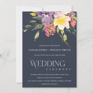 NAVY YELLOW BLUSH BURGUNDY FLORAL BUNCH WEDING KAART