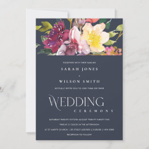 NAVY YELLOW BLUSH BURGUNDY FLORAL BUNCH WEDING KAART