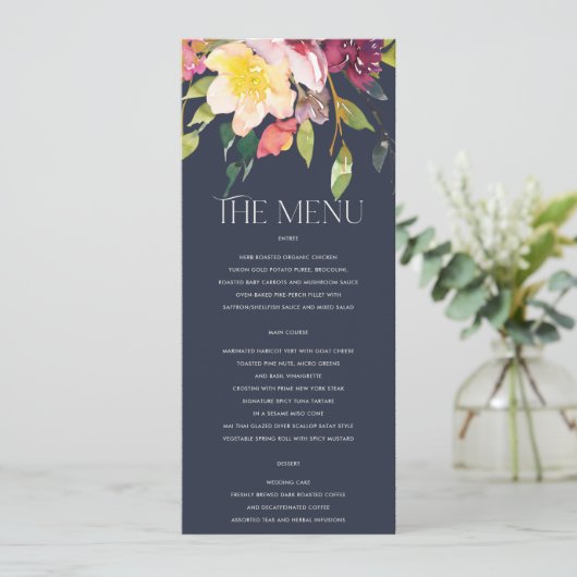 NAVY YELLOW BLUSH BURGUNDY FLORAL BUNCH WEDING MENU (Staand voorkant)