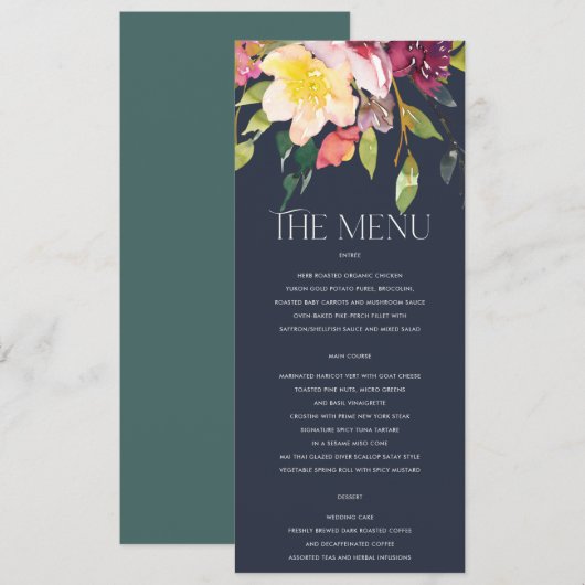 NAVY YELLOW BLUSH BURGUNDY FLORAL BUNCH WEDING MENU (Voorkant / Achterkant)