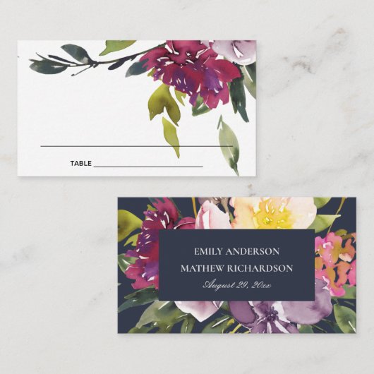 NAVY YELLOW BLUSH BURGUNDY FLORAL PLACE CARDS VISITEKAARTJE (Voorkant / Achterkant)