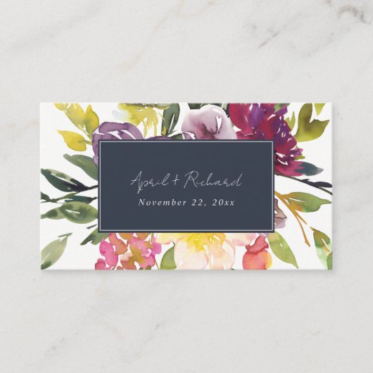 NAVY YELLOW BLUSH BURGUNDY FLORAL WEDDING WEBSITE VISITEKAARTJE (Voorkant)