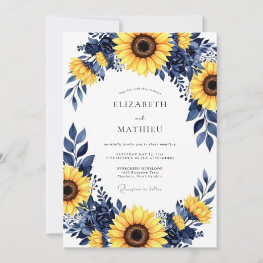 Navy Yellow Bold Sunflower Wedding Kaart (Voorkant)