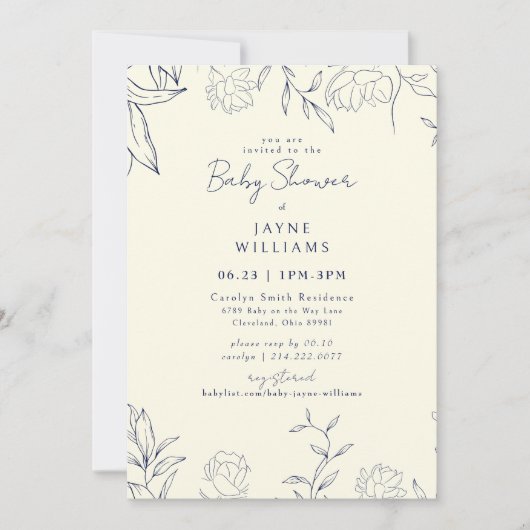 Navy & Yellow Botanical Art Neutraal Baby shower Kaart (Voorkant)