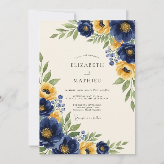 Navy Yellow Classic Botanical Wedding Kaart (Voorkant)