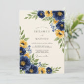 Navy Yellow Classic Botanical Wedding Kaart (Staand voorkant)