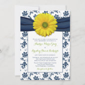 Navy Yellow Damask Daisy Wedding Invitation Kaart (Voorkant)