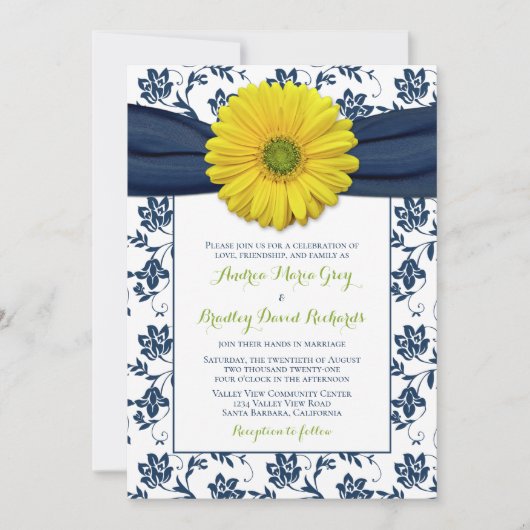 Navy Yellow Damask Daisy Wedding Invitation Kaart (Voorkant)