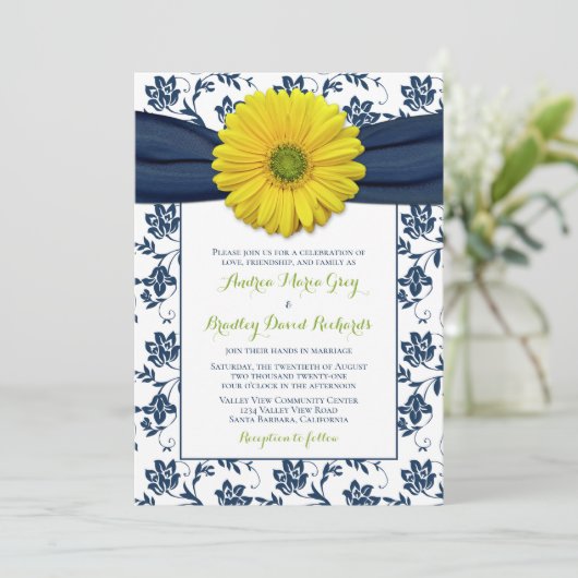 Navy Yellow Damask Daisy Wedding Invitation Kaart (Staand voorkant)