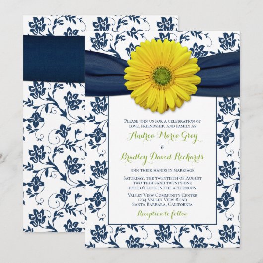 Navy Yellow Damask Daisy Wedding Invitation Kaart (Voorkant / Achterkant)