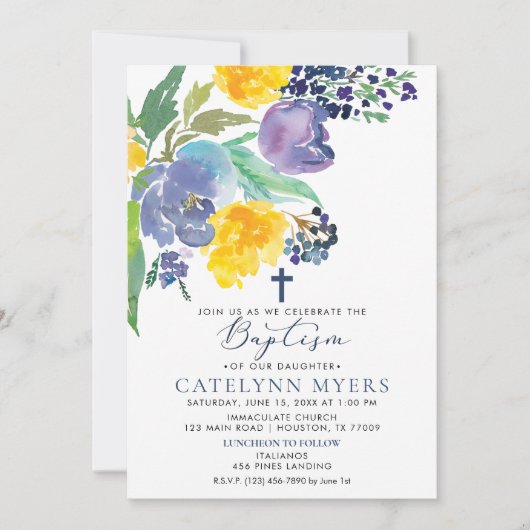 Navy Yellow en Paars Bright Floral Baptisme Kaart (Voorkant)