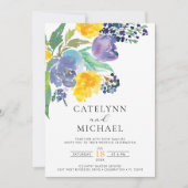 Navy Yellow en Paars Bright Floral Wedding Kaart (Voorkant)