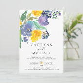 Navy Yellow en Paars Bright Floral Wedding Kaart (Staand voorkant)