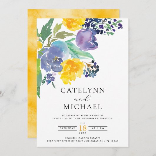 Navy Yellow en Paars Bright Floral Wedding Kaart (Voorkant / Achterkant)