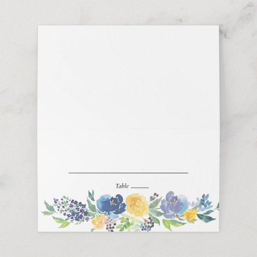 Navy Yellow en Paars Bright Floral Wedding Plaatskaartje (Buitenkant ongevouwen)