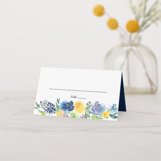Navy Yellow en Paars Bright Floral Wedding Plaatskaartje (Voorkant)