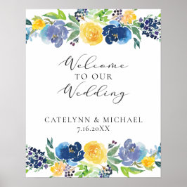 Navy Yellow en Paars Bright Floral Wedding Sign Poster