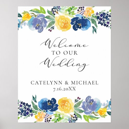Navy Yellow en Paars Bright Floral Wedding Sign Poster (Voorkant)